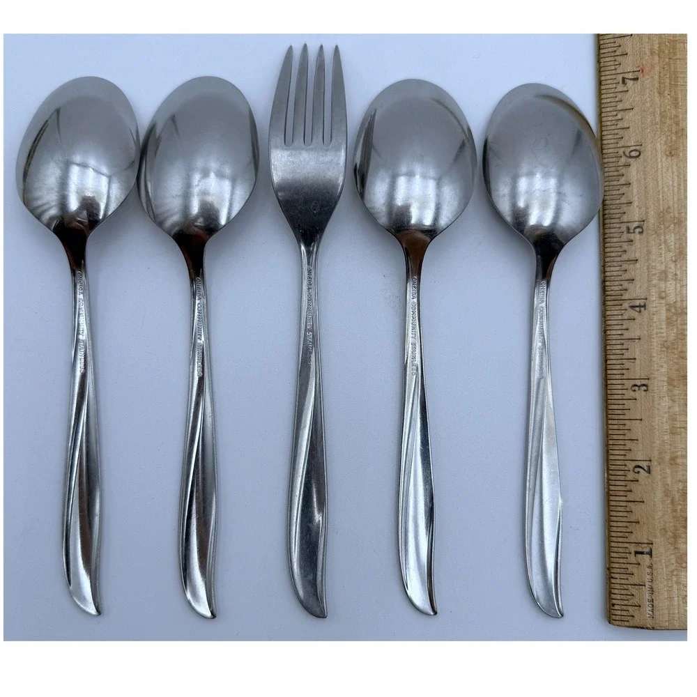5 Oneida Community TWIN STAR‎ Flatware Pieces 4 Table Soup Spoons 1 Fork Vtg 60s